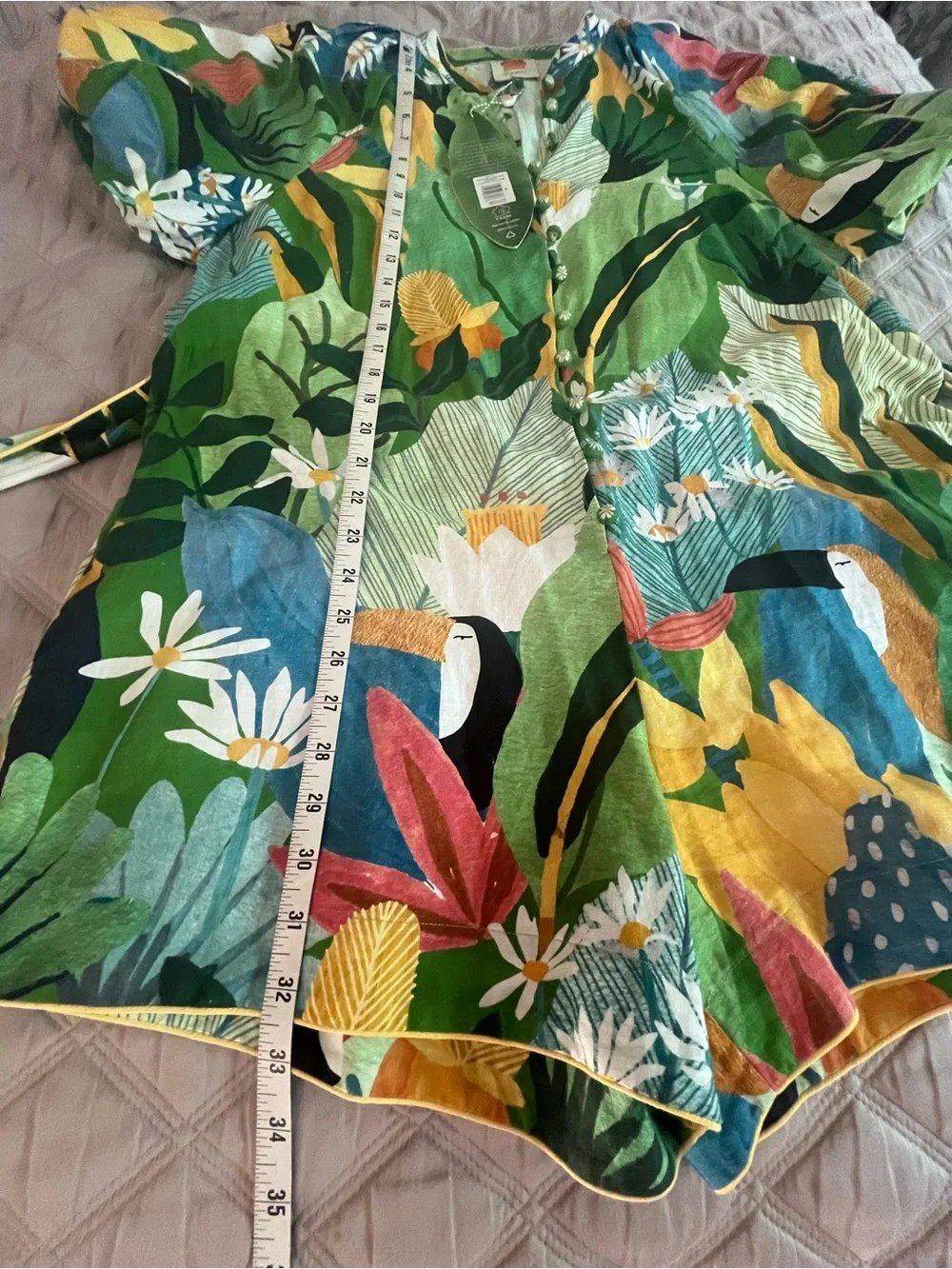 FARM RIO Romper Toucans Linen Blend Belted Green Multicolor - Size Medium NWT